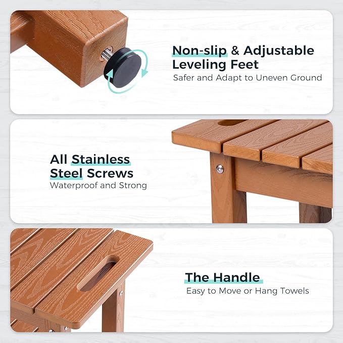 30" Shower Bench, Waterproof Poly Lumber Shower Stool for Shaving Legs, Shower Chair Seat Holds up to 400lbs, Bathroom Bench for Inside Shower, Non-Slip (Brown)-CubbioJoy