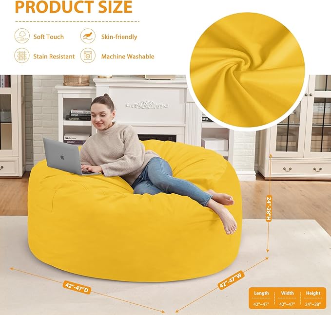 4FT Bean Bag Chair, Large Bean Bag Chairs with Memory Foam Filled, Fluffy Beanbag Sofa with Dutch Velvet Cover, Round BeanBag Chairs for Living Room, Playroom - Lemon-CubbioJoy