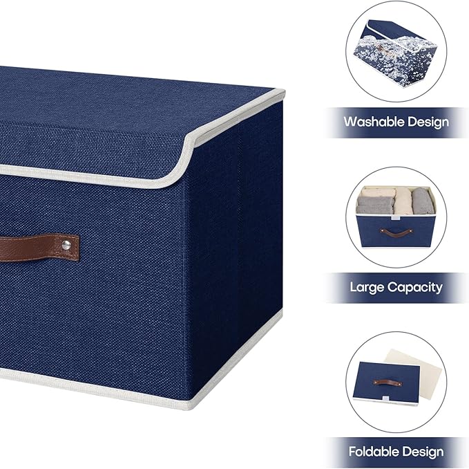 ANMINY Storage Bin with Lid Storage Boxes with PU Leather Handles PP Plastic Board Decorative Foldable Lidded Cotton Linen Fabric Home Cubes Baskets Closet Organizer Container - Blue, Large Size-CubbioJoy