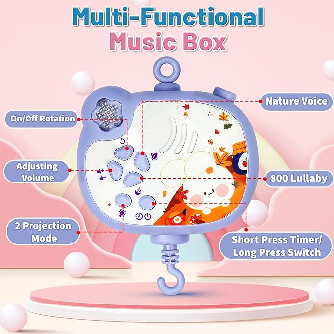 Baby Mobiles for Cribs, Crib Mobile with Music and Lights, Nursery Musical Mobile for Bassinets Hanging Toys with Remote Control, Rotation, Projection, Animal Mobile Arm Clip On for Infant Boys Girls-CubbioJoy