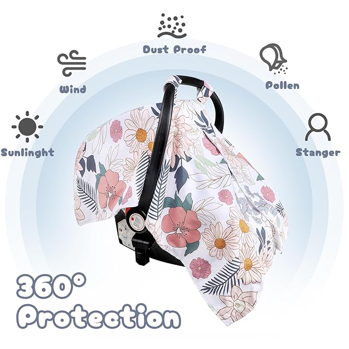 Car Seat Cover Baby, Infant Car Seat Canopy Covers for Newborn Girls Boys, Soft Breathable Minky Carseat Covers Stretchy Multi-Use Nursing Cover for Stroller Baby Car Seat, Daisy Flroal-CubbioJoy