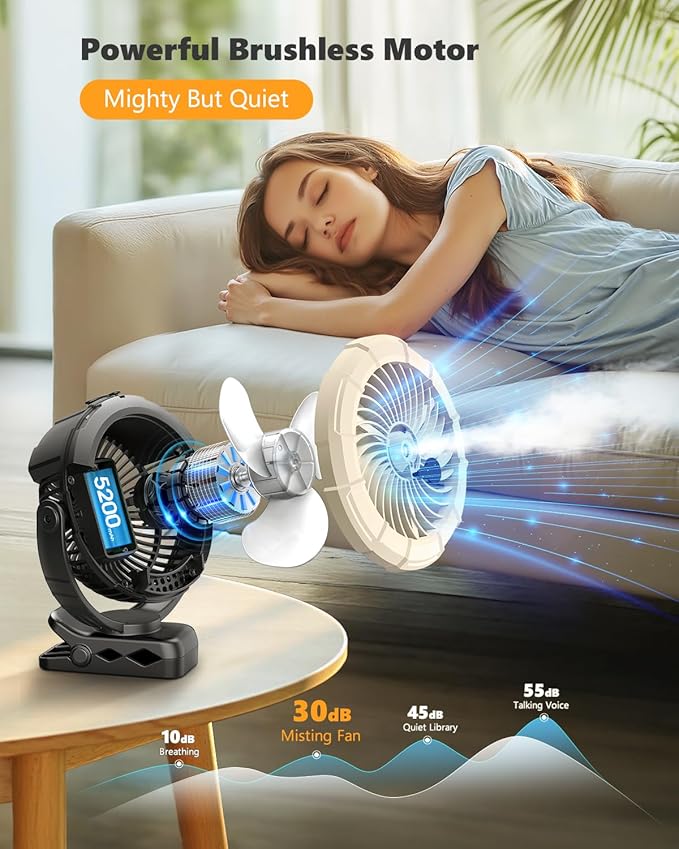 Ausic 3-in-1 Portable Clip on Fan with Misting & LED Lights & Hook, 100ML Baby Stroller Fan, 5200mAh Rechargeable Battery Operated & 360° Rotation & 3 Speeds for Table Outdoor Travel Camp Golf Cart-CubbioJoy
