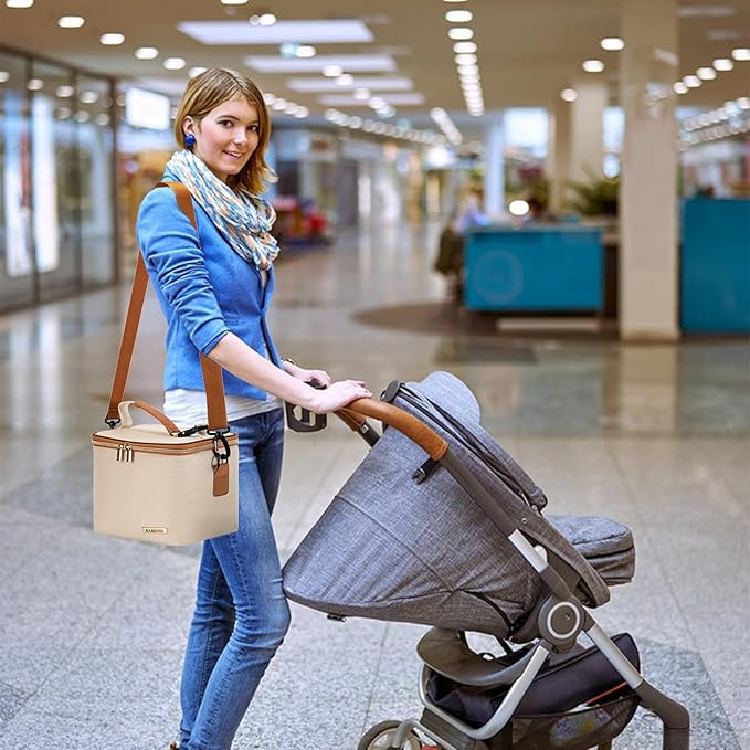 Breastmilk Cooler Bag with Ice Pack Fits 6 Baby Bottles Up to 5 Ounce, Baby Bottle Bag with Shoulder Strap for Nursing Mom Daycare, Cream-CubbioJoy