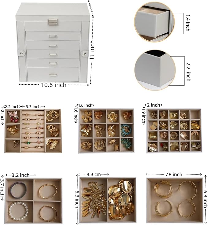 BOOVO Jewelry Box For women, 6 Layer Large Jewelry Organizer With Mirror, Multi-Function Storage Box With Lock, Necklace Holder With 5 Drawers, For Earrings Necklace Bracelet (Silver and Grey)-CubbioJoy