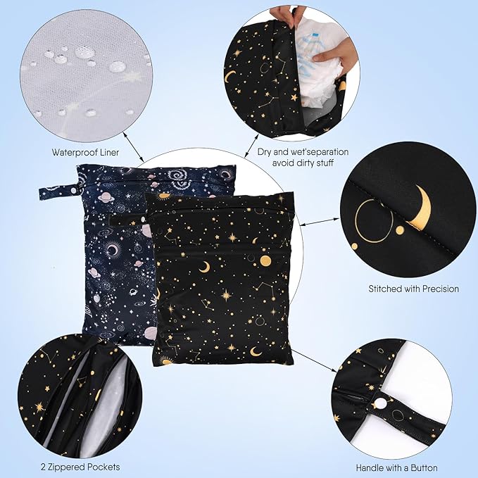 2pcs Travel Waterproof Laundry Bag, Cloth Diaper Wet Dry Bags with Handle & 2 Zipper Pockets, Reusable Washable Dirty Clothes Bag for Baby Adult Travelling Hanging, Bathing Beach Pool Daycare-CubbioJoy