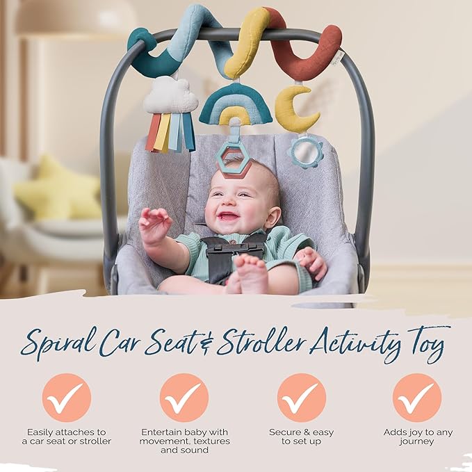 Itzy Ritzy Spiral Car Seat & Stroller Activity Toy - Stroller & Car Seat Toys for Ages 0 Months and Up - Hanging Toys Include Clinking Rings, Mirror and Textured Ribbons (Rainbow)-CubbioJoy