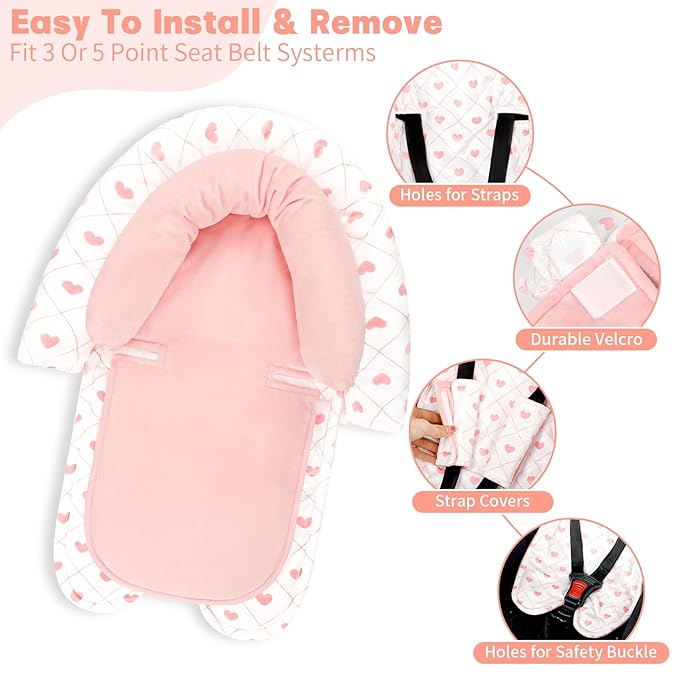 Infant Car Seat Insert, HNHUAMING Baby Car Seat Head & Body Support with 2 Strap Pads, Ultra Soft Newborn Preemie Carseat Insert Cushion for Girls Boys, Fits Car Seat, Stroller, Swing, Bouncer, Pink-CubbioJoy