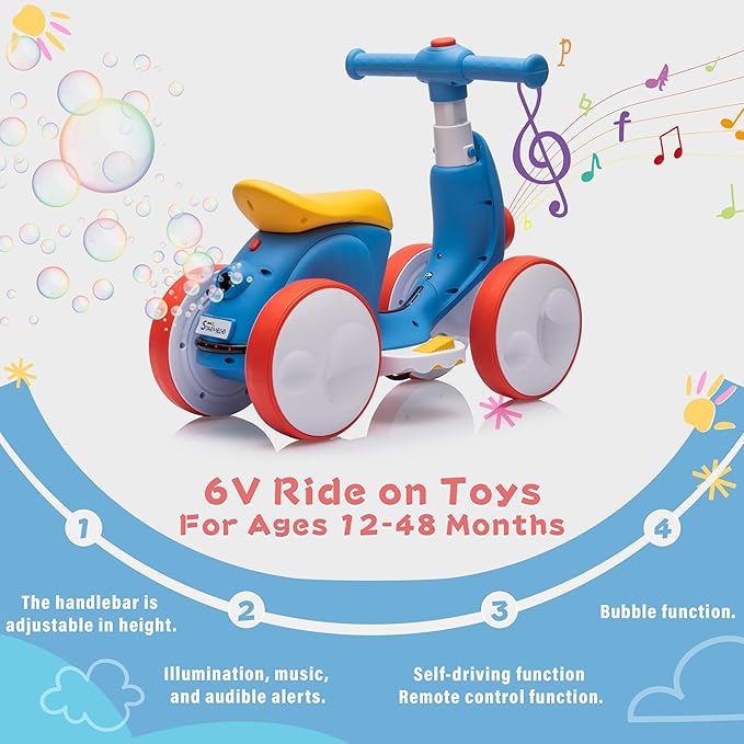 6V Electric Baby Balance Bike with Bubble Machine,4 in 1 Toddler Balance Bike w/Remote for 1 Year Old Boys Girls Kids Bubble Bike Ride on Toys w/Powered Motor,Music,LED Lights (Blue&Red)-CubbioJoy