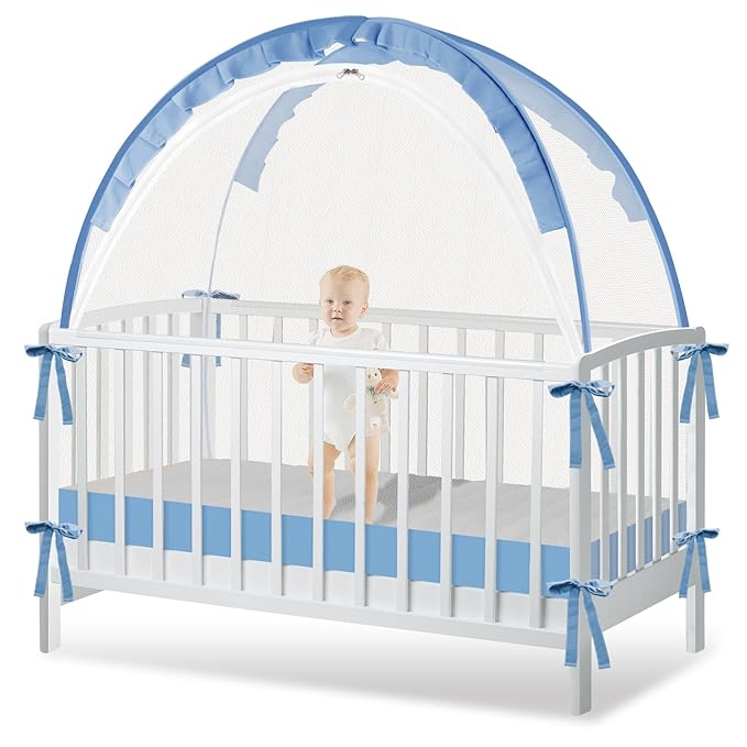 Crib Tent to Keep Baby from Climbing Out - Crib Net to Keep Baby in - Pop Up Breathable Cribs Cover - Canopy with Upgrade Strong Mesh and Durable Zipper (Blue, Lager)-CubbioJoy