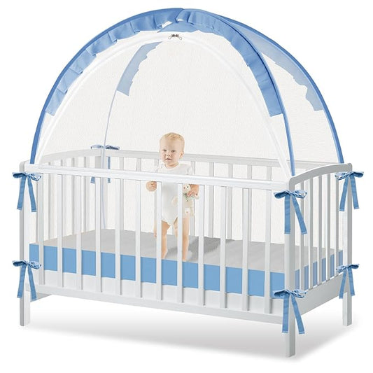 Crib Tent to Keep Baby from Climbing Out - Crib Net to Keep Baby in - Pop Up Breathable Cribs Cover - Canopy with Upgrade Strong Mesh and Durable Zipper (Blue, Lager)-CubbioJoy