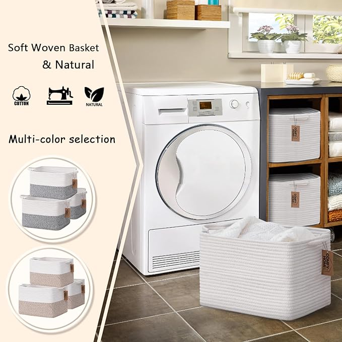 COMFY-HOMI 3PACK Cotton Rope Square Basket with Handles for Shelves|Dog Toy Basket Bin and Storage|Baby Basket for Gif|Shoe basket for Organizing|New13.5" x 11" x 9.5" for Living Room（All White）-CubbioJoy