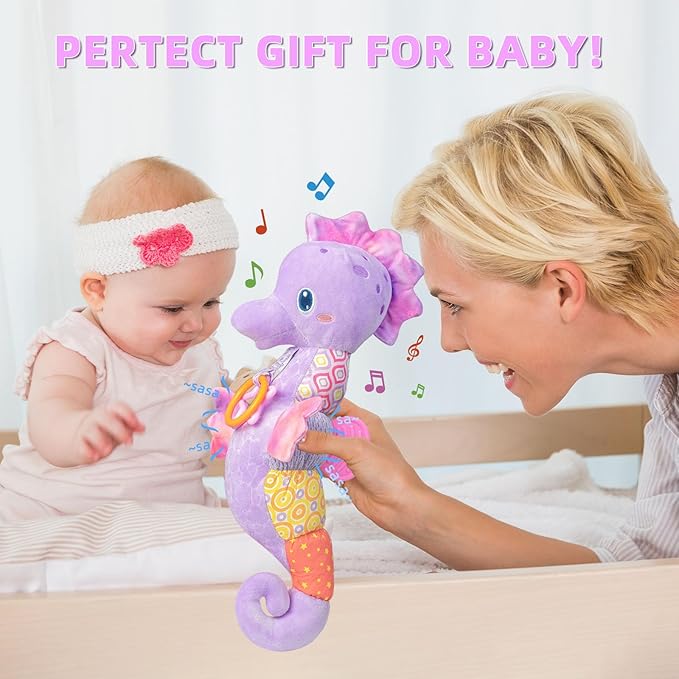 Baby Toys 0-6 Months,Infant Musical Seahorse Stuffed Animals Sensory Toys with Bright Colors,Multiple Textures,Rattles & Crinkle Sound Paper,Tummy Time Toy for Newborn Boys Girls 0-12 Months-Purple-CubbioJoy
