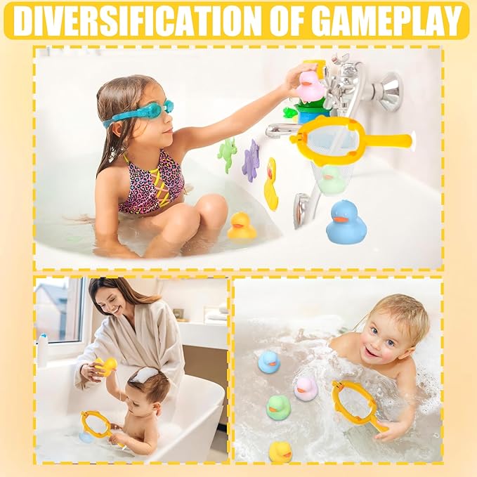 6Pcs Mold-Free Bath Toy Silicone Duck Set for Toddlers 1-3 Years and Babies 6-12 Months, Dishwasher Safe, with Duck Fishing Net and Storage Bag-CubbioJoy