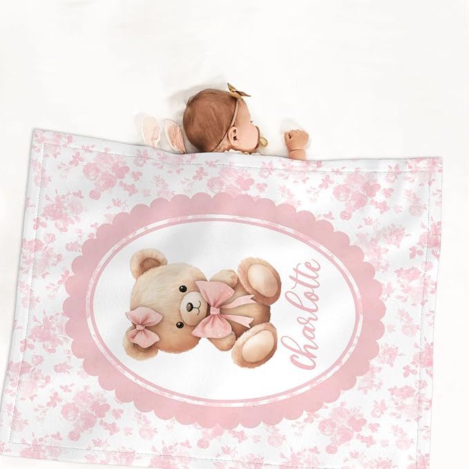 Custom Name Baby Girl Crib Bedding Set – Personalized 3-Piece Bear with Pink Bow Nursery Set with Soft Blanket, Fitted Crib Sheet & Pillowcase – Infant Toddler Bedding Gift for Newborn-CubbioJoy