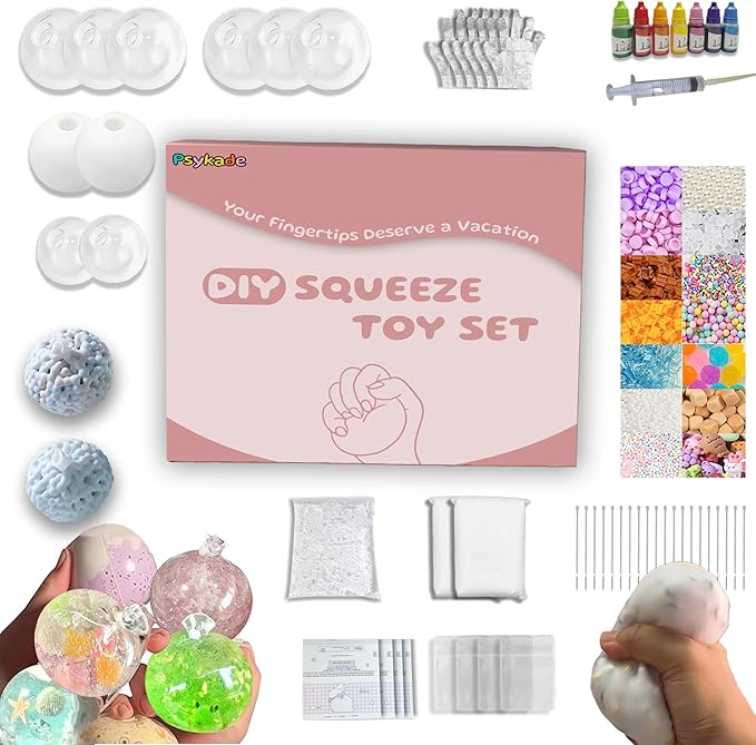 DIY Stress Ball Making Kit - 10 TPR Skins, 13 Fillers, 14 oz Slime, 7 oz Clay, Create ASMR Anxiety Relief Toys, Handmade Squishy Stress Balls, Unique Self-Care Gifts for Women, Crunchy and Relaxing-CubbioJoy