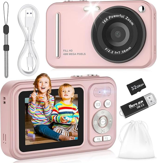 Digital Camera for Kids, WITYEAH 48MP FHD 1080P Point and Shoot Digital Cameras with 16X Zoom Anti-Shake, Compact Portable Cameras for Photography, for Boys Girls Teens Beginners-Pink-CubbioJoy