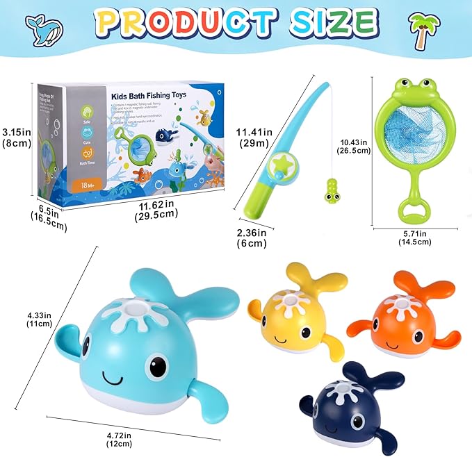 Baby Bath Toys Set, Wind Up Pool Toys for Toddlers 1-3, Kids Magnetic Fishing Toys with 1 Fishing Rod & 1 Net & 4 Brightly Colored Whales, Boys and Girls Birthday Gifts-CubbioJoy