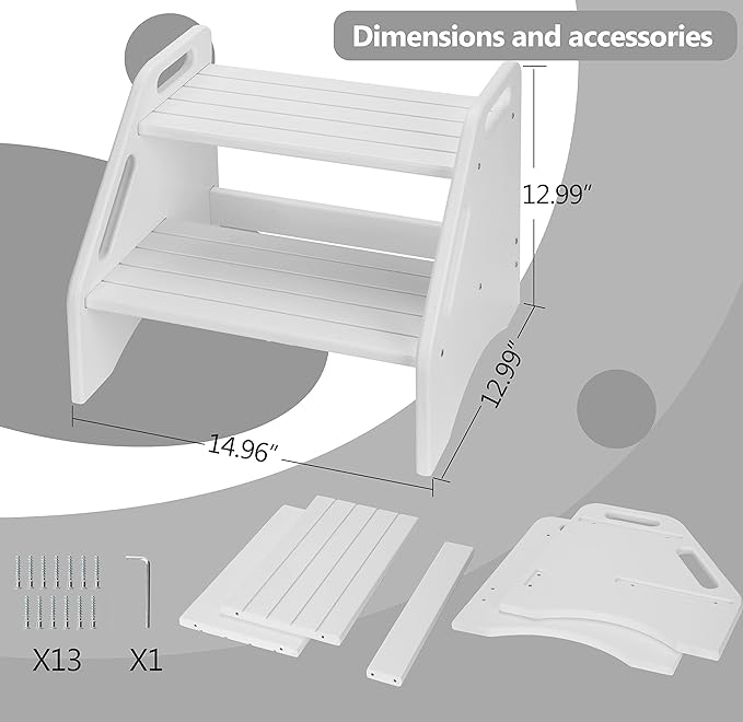 AMBIRD Wooden Two Step Stools Toddler with Safety Non-Slip Pads and Handles, Bamboo Step Stool for Bathroom, Bedroom, Kitchen Dual Height Step Stools for Kids (White)-CubbioJoy
