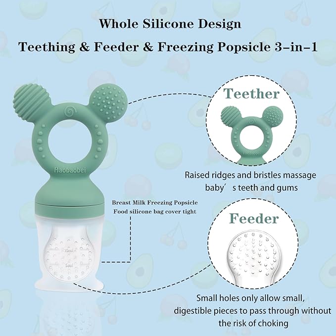 Baby Fruit Feeder, Frozen Teething Toys, Teether Pacifier with 3 Extra Teats, Infant Eating Essentials, BPA Free Baby Feeding Supplies (Grass Green)-CubbioJoy