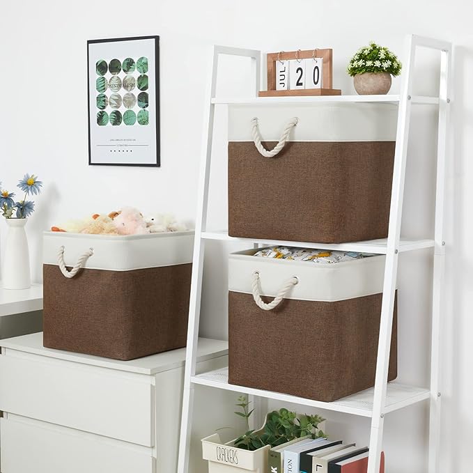Bidtakay Collapsible Rustic Cube Storage - Brown Cloth Baskets with Handles, 13x13x13 Inch, Set of 3 Fabric Storage Bins-CubbioJoy