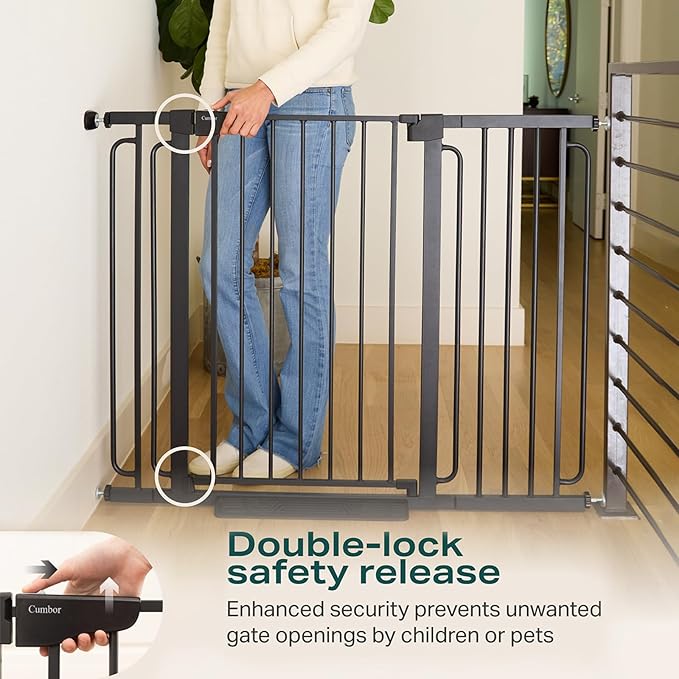 Cumbor 36" Extra Tall Baby Gate for Stairs, 29.7-57" Extra Wide Dog Gate for Doorways Hallways, Pressure Mounted Child Gate for Wide Opening, Auto Close Personal Safety for Babies and Pets, Black-CubbioJoy