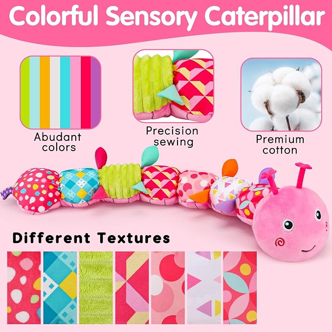 Baby Tummy Time Toy 0-6 Month Musical Stuffed Animal Plush Caterpillar Toy for Infant 6-12 Month Teething Sensory Toy with Crinkle Rattle for Babies 0-3-6 Month Newborn Toys for Boy Girl Birthday 1-CubbioJoy