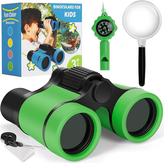 Binoculars for Kids, Kids Binoculars Toys for 3 4 5 6 7 8 Years Boys and Girls, Set with Magnifying Glass & Compass - Birthday Gifts Outdoor Toy for Kid Ages 3-8 Toddler Camping (Green)-CubbioJoy