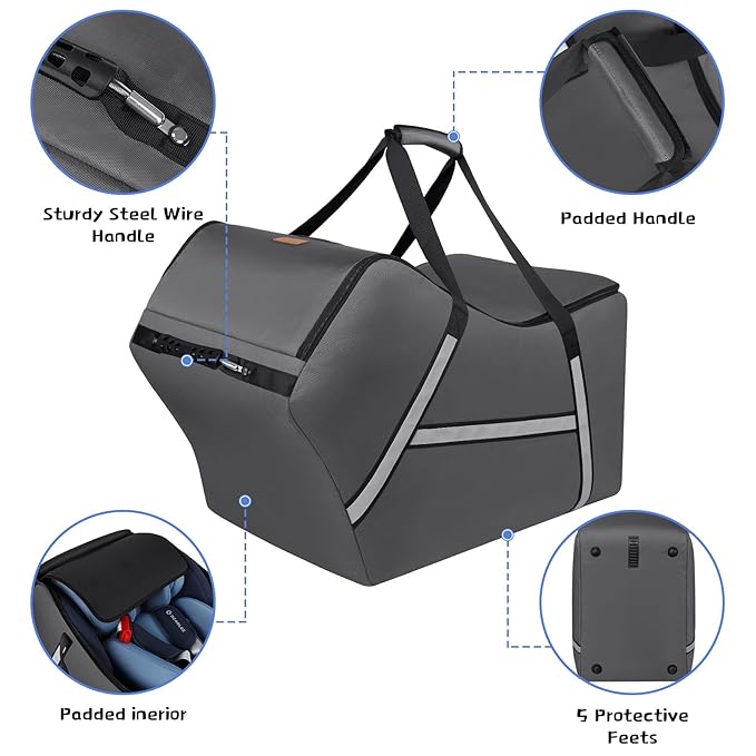 Infant Car Seat Travel Bag for Airplane Compatible with All Nuna Pipa Car Seat and Base,Chicco KeyFit 30 and Base, Padded Car Seat Bags for Air Travel,Car Seat Gate Check Bag with Side Pocket, Gray-CubbioJoy