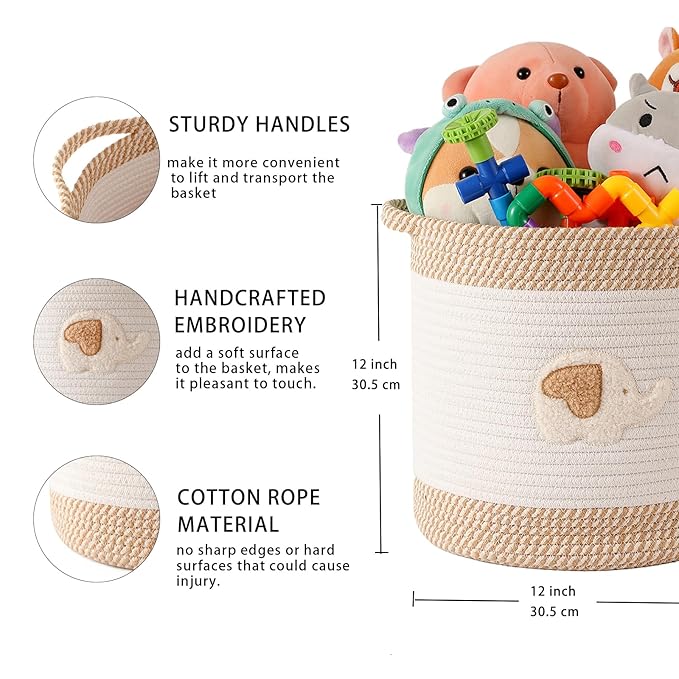 INough Toy Storage Baskets Woven Cotton Rope Storage Basket for Kids, Blanket Baskets for Living Room Toy Basket Box Toys Organizer with Embroidery Decor Cute Baskets for Nursery, Playroom (Elephant)-CubbioJoy