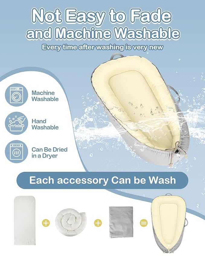 Baby Lounger - Infant Lounger for Newborn 0–26 Months, Waterproof Inner Cover and Pure Cotton Breathable Baby Nest Cover, Newborn Lounger for Baby Boys & Girls, Portable Lounger for Home and Travel-CubbioJoy