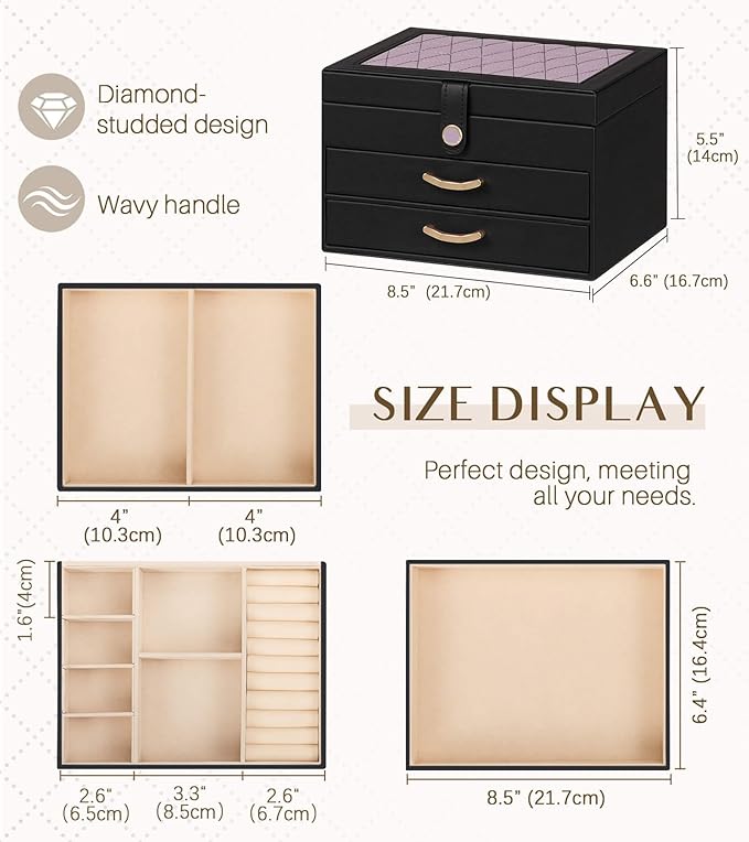 Black Jewelry Box Organizer: Home Decor for Women - 2-Drawer Holder for Valentine’s Day Birthday Christmas Black Grey-Purple-CubbioJoy