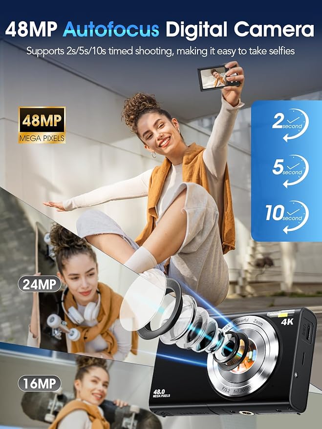 Digital Camera,Autofocus 4K Vlogging Camera for Photography with 32GB Card,48MP Portable Compact Point and Shoot Digital Camera for Teens Adult Beginner with 16X Zoom,Anti-Shake,2 Batteries(Black)-CubbioJoy