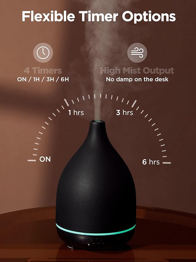 InnoGear Oil Diffuser, 300ML Ceramic Diffuser for Essential Oils Handcrafted Aromatherapy Diffuser Ultrasonic Cool Mist Humidifier with 4 Timers Waterless Auto Off for Room Office, Black-CubbioJoy