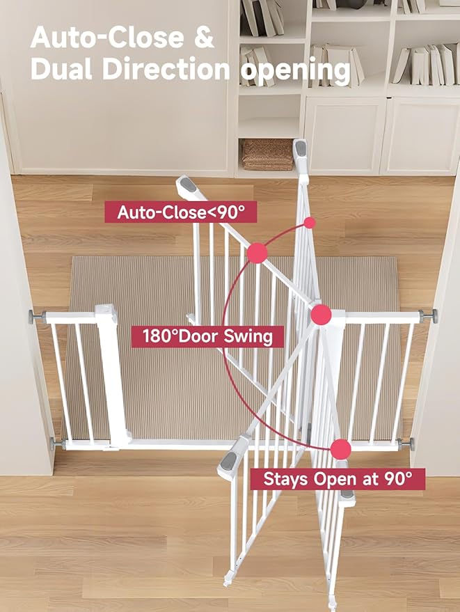 36.2" Extra Tall Baby Gate for Stairs, 29.5-46" Wide Dog Gate for Doorways, Walk Thru Auto Close Metal Child Gate for The House, Stairs and Doorways, Pet Gate Pressure Mounted Dog Gate Indoor (White)-CubbioJoy