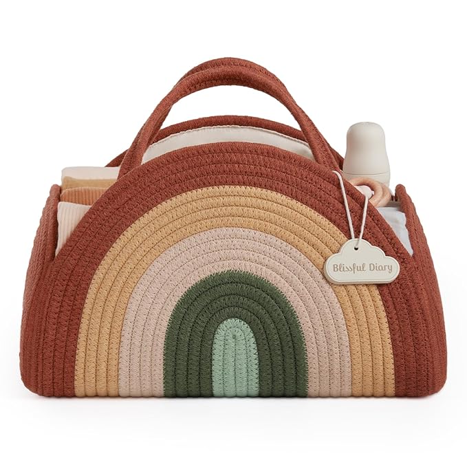 Blissful Diary Baby Diaper Caddy Organizer, Cotton Rope Diaper Caddy Basket, Large Storage Basket, Gift for Baby Shower, Newborn Essentials, Rustic Rainbow-CubbioJoy