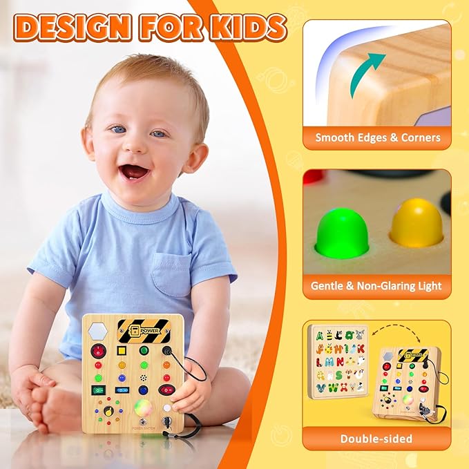 Busy Board with LED Light, Wooden Sensory Toys for Toddler, Montessori Music Toy for Airplane, Travel Activity Educational Learning Autism Toys, Birthday Boys Girls Gifts-CubbioJoy