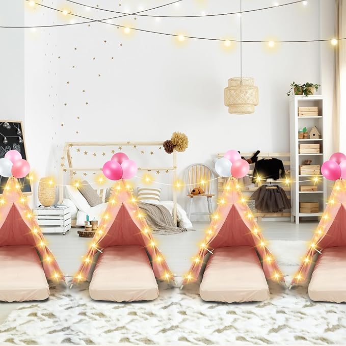 2 Pack Kids Teepee Tent with Mattress,Fitted Sheet,Light String,Washable Natural Cotton Toddler Play Tent for Girls Boys Indoor Outdoor Sleepover Slumber Birthday Party(Pink)-CubbioJoy
