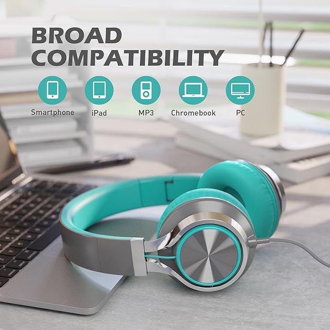 AILIHEN C8 Wired Headphones with Microphone and Volume Control Folding Lightweight Corded Headset for Cellphones Tablets Chromebook Phones Smartphones Laptop Computer PC Mp3/4 (Grey/Mint)-CubbioJoy