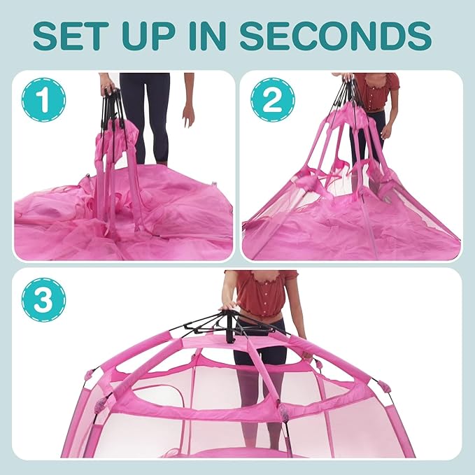 Alvantor Pop Up Playpen- 7'x7'x44”Baby Playpen Large Kids Play Tent Portable and Foldable Playpen Indoor/Outdoor Play Yard with Protective Mesh, UV SPF 50+ Sunshade, and Soft Foam Floor, Pink-CubbioJoy