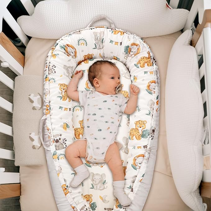 Baby Lounger Cover for Boys Girls, Reversible Baby Nest Cover, Adjustable Baby Lounger Replaceable Cover for Infant Newborn, Portable and Machine Washable, Cotton Gray Elephant Cover Only-CubbioJoy