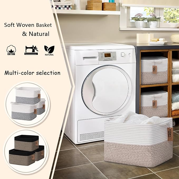 COMFY-HOMI Cotton Rope Woven Basket with Handles for Shelves,Toys,Book, Cloth Storage Baskets for Organizing-13.5" x 11" x 9.5" Toy Decorative Organizer for Living Room, Bathroom （White/Brown）-CubbioJoy