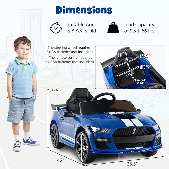 Costzon Ride on Car, 12V Licensed Ford Mustang Shelby GT500 Kids' Electric Vehicles w/Remote Control, USB Port, Radio, Music, Player, High Low Speed & Soft Start, Racing Kids Car for Toddler (Blue)-CubbioJoy