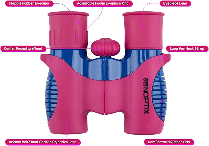 Binoculars for Kids, Girls or Boys Real Kids Binoculars in Vibrant Pink Blue - includes Sticker Book with 40 Bird Species - Kids Toys Small Binoculars, Toddler Binoculars-CubbioJoy