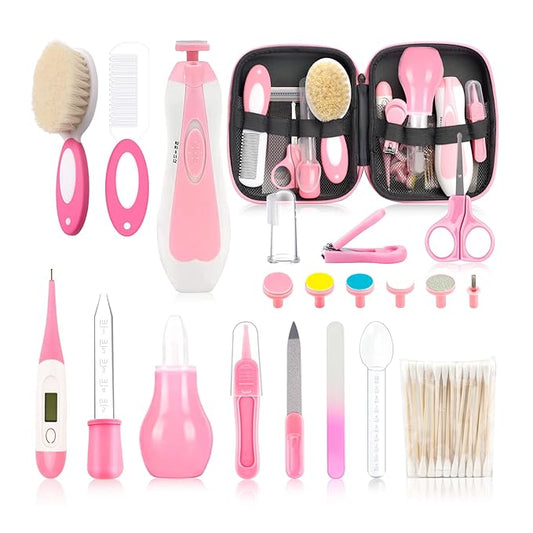 Infant Grooming Essentials: Electric Safety Nail Trimmer, Nasal Aspirator, Hair Brush, Comb, Nail Clipper (27 Piece Safety Care Set for Newborns - Pink)-CubbioJoy