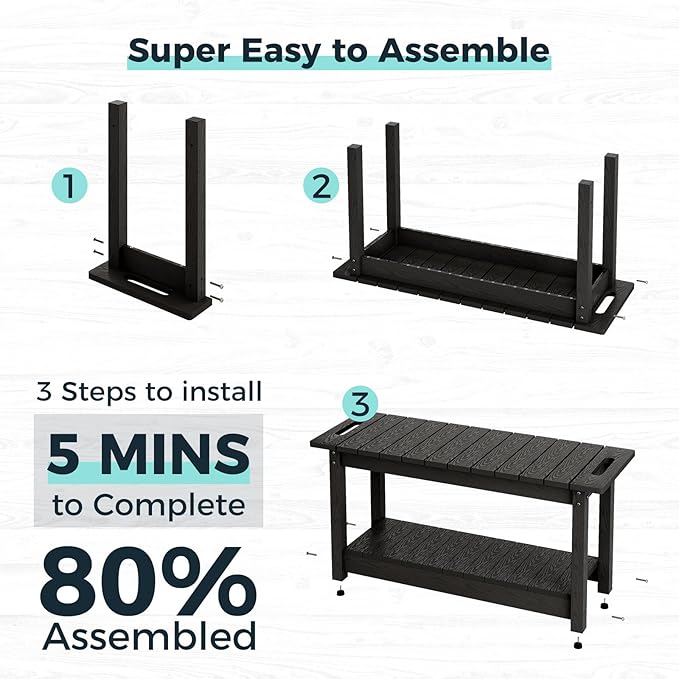 35" Shower Bench, Waterproof Poly Lumber Shower Stool for Shaving Legs, Shower Chair Seat Holds up to 400lbs, Bathroom Bench for Inside Shower, Non-Slip (Black)-CubbioJoy