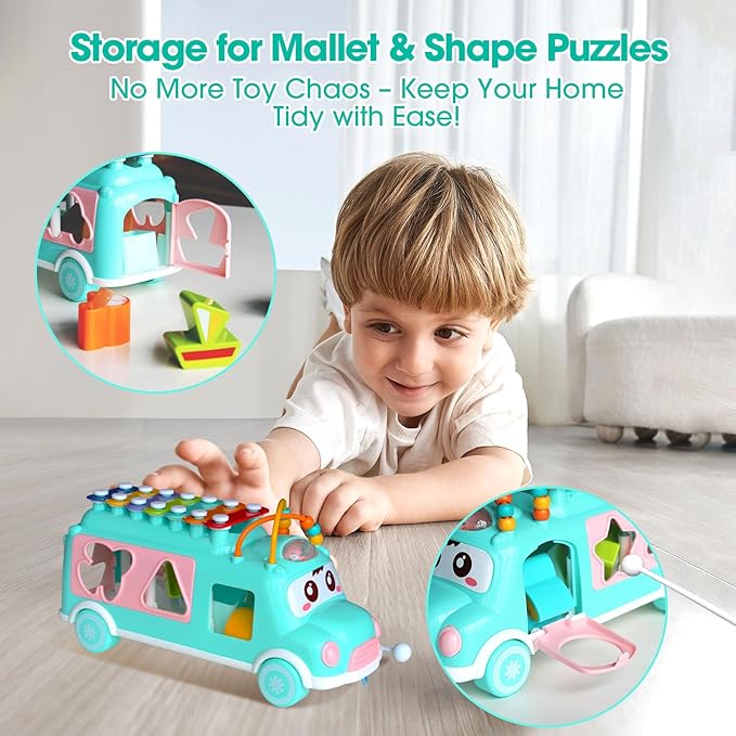 Baby Xylophone for Toddlers 1-3, Bus Shaped Toy Xylophone for Kids with Child Safe Mallet, Shape Sorting Educational Musical Toys and Instruments for Toddlers 1-3-CubbioJoy