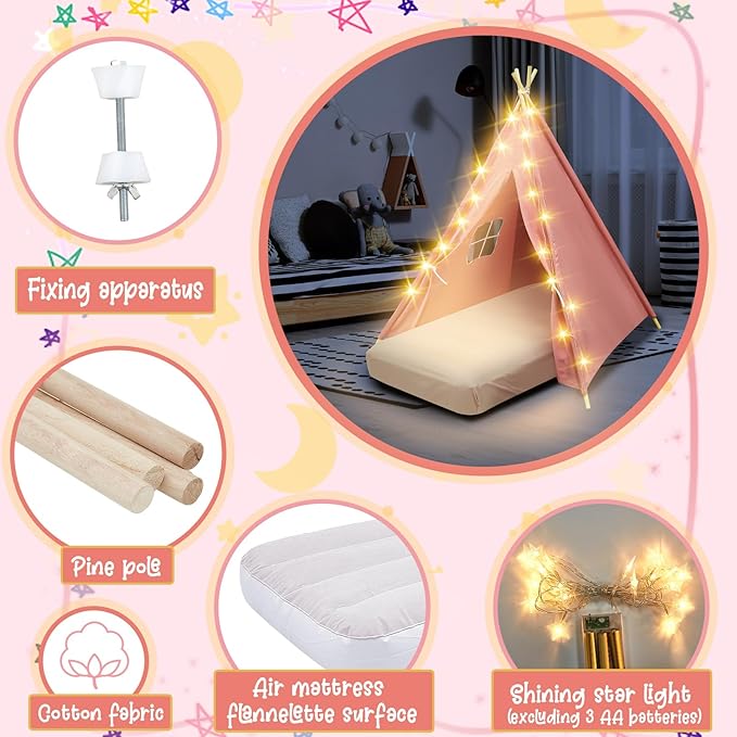 6 Pack Sleepovers Teepee Tent for Kids Bulk with Mattress Sheet Light,Natural Cotton Washable Indoor Play Tent for Birthday Slumber Party Girls Boys Pajama Movie Night Supplies(Pink)-CubbioJoy