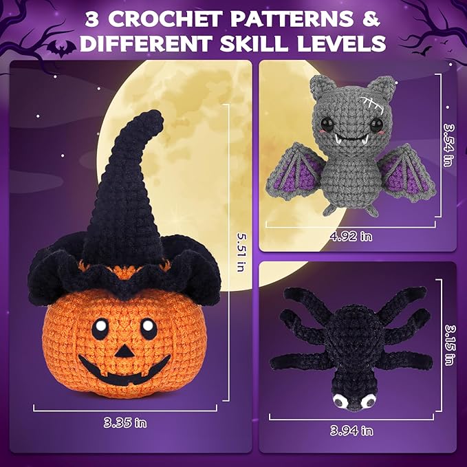 Crochetta Crochet Kit for Beginners, Halloween Decorations, Pumpkin Spider Bat Crochet Animal Kit for Adults and Kids with Step-by-Step Video Tutorials, DIY Knitting(40%+ Yarn)-CubbioJoy