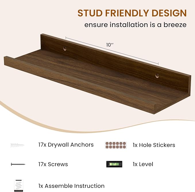 Axeman Picture Ledge Shelf, Floating Shelves for Wall Decor Storage Set of 6, 16 inch Floating Wall Mounted Shelves, Wall Shelves with Lip for Living Room, Bedroom, Nursery, Bathroom, Kitchen, Walnut-CubbioJoy