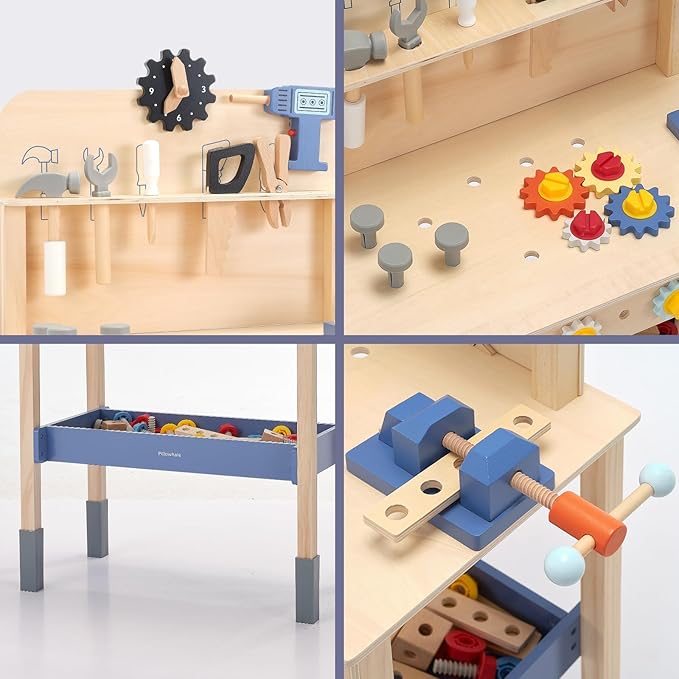 69‑Piece Wooden Kids Tool Bench – Montessori Toddler Workbench with Pretend Power Drill, Clock & Storage Shelf – STEM Construction Play Set for Boys & Girls Ages 3‑5-CubbioJoy
